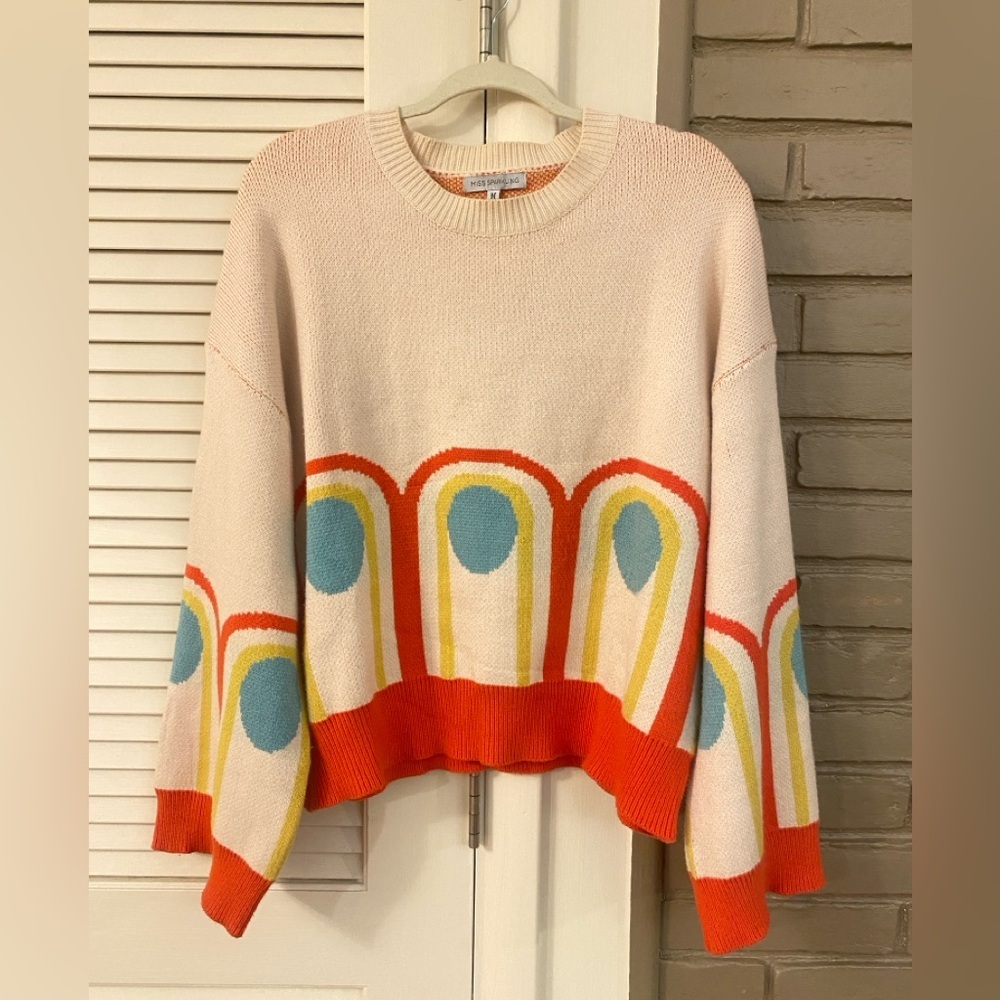 Miss Sparkling Oversized RETRO Women's Cream Rainbow-Pattern Crewneck Sweater - Picture 4 of 10